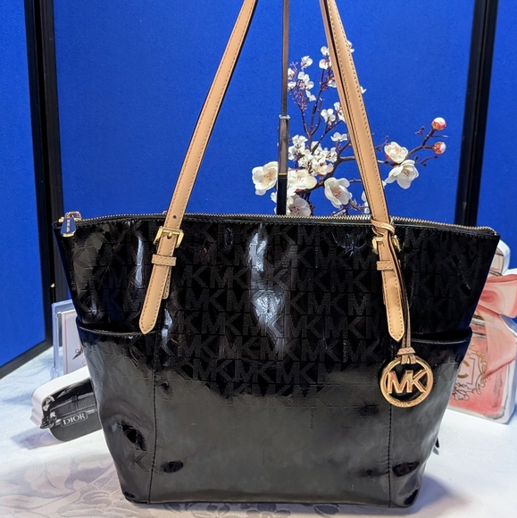 Michael Kors Handbags - Michael Kors Monogram Black Patent Leather and Tan Totebag